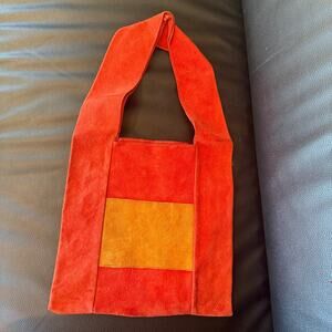 Vintage 1970s Suede Leather Tote Bag Purse Orange Yellow Boho Chic Hippie Spring